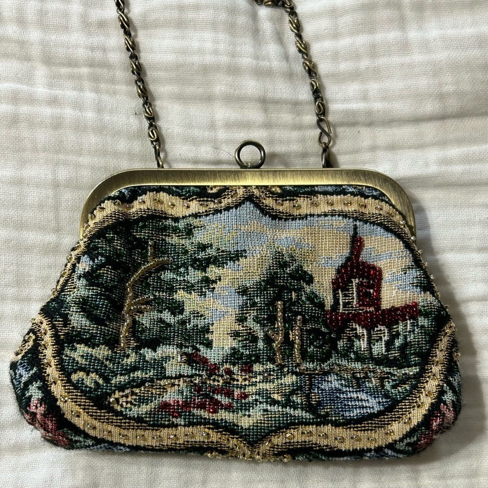 Carlo Fellini Vintage Tapestry Beaded Kiss Lock Purse Bag crossbody